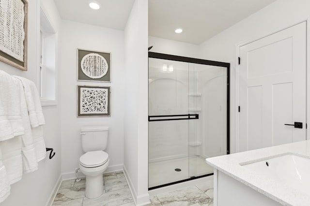 full bath featuring toilet, marble finish floor, a shower stall, and baseboards