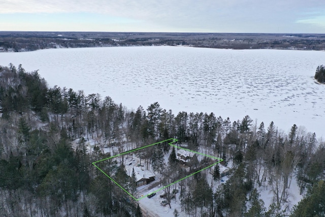 snowy aerial view with a water view