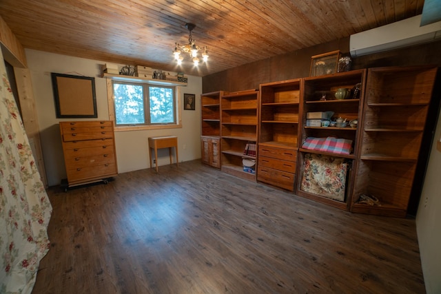 unfurnished office with an AC wall unit, a chandelier, dark wood-type flooring, and wood ceiling