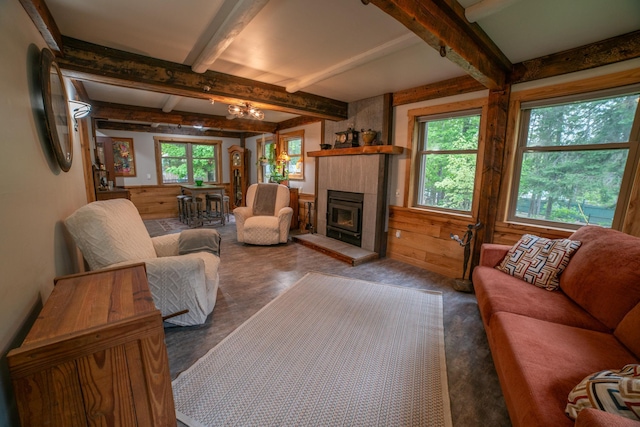 3835 Lake Rd, Barnum Twp, MN 55767 - living room featuring healthy amount of natural light, a fireplace, and beam ceiling