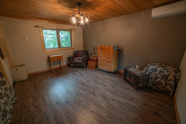3835 Lake Rd, Barnum Twp, MN 55767 - unfurnished room featuring a wall mounted AC, wood finished floors, wood ceiling, a chandelier, and baseboards