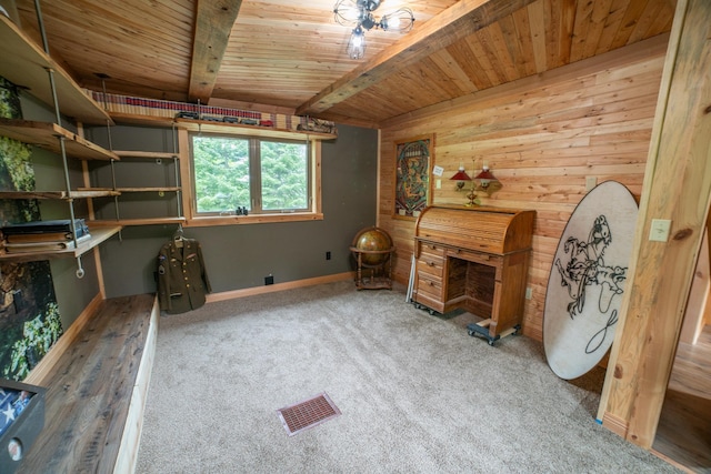 3835 Lake Rd, Barnum Twp, MN 55767 - unfurnished office featuring wooden ceiling with exposed beams, wood walls, baseboards, and carpet