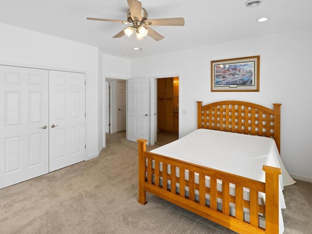 bedroom featuring a ceiling fan, recessed lighting, a closet, carpet flooring, and baseboards