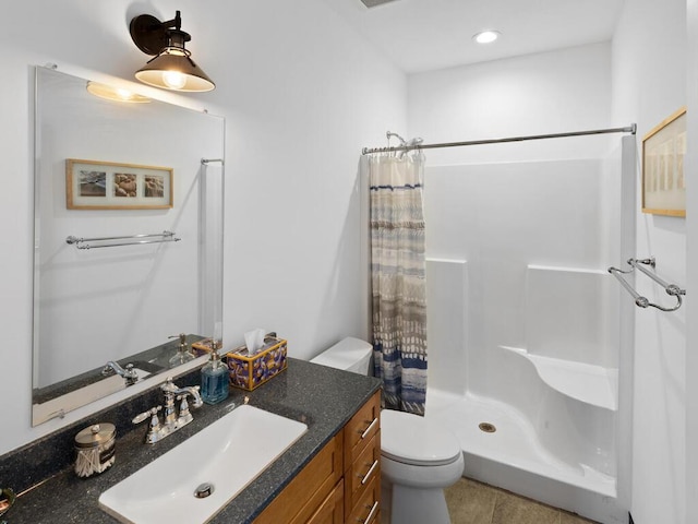 full bath with recessed lighting, a shower stall, toilet, and vanity