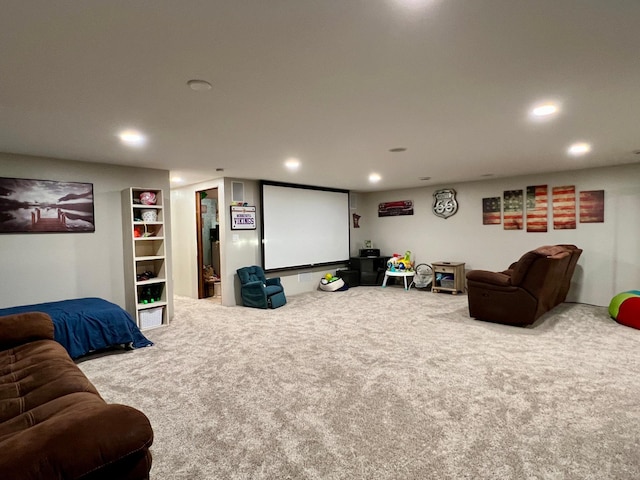 home theater featuring carpet