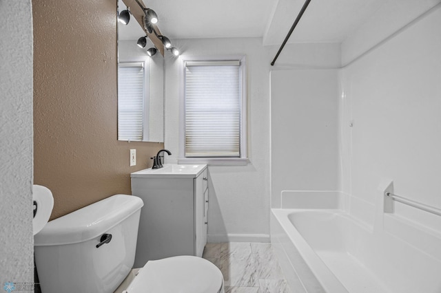 full bathroom featuring vanity, toilet, and bathing tub / shower combination