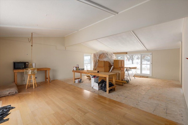 interior space with lofted ceiling, a wealth of natural light, and light hardwood / wood-style floors