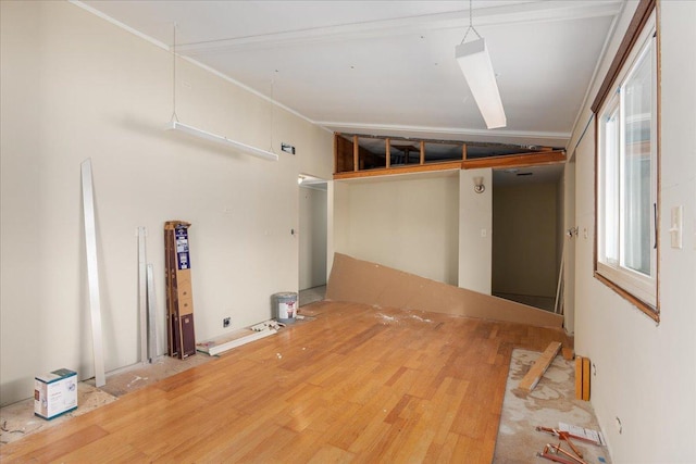 interior space with hardwood / wood-style flooring and lofted ceiling