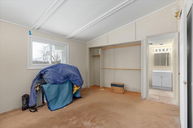 miscellaneous room with light carpet and lofted ceiling