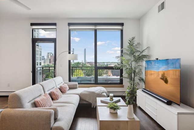 living room with dark hardwood / wood-style floors, a healthy amount of sunlight, and baseboard heating