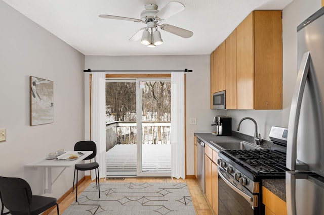 kitchen with sink, light hardwood / wood-style floors, ceiling fan, and appliances with stainless steel finishes