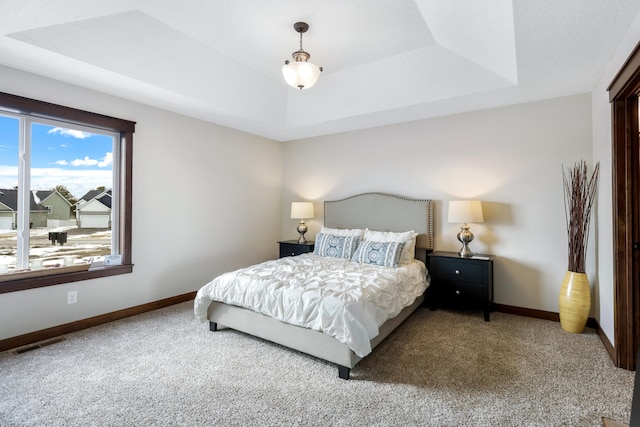 bedroom with a raised ceiling and carpet flooring