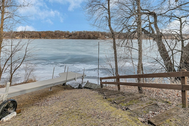 view of yard featuring a water view and a boat dock