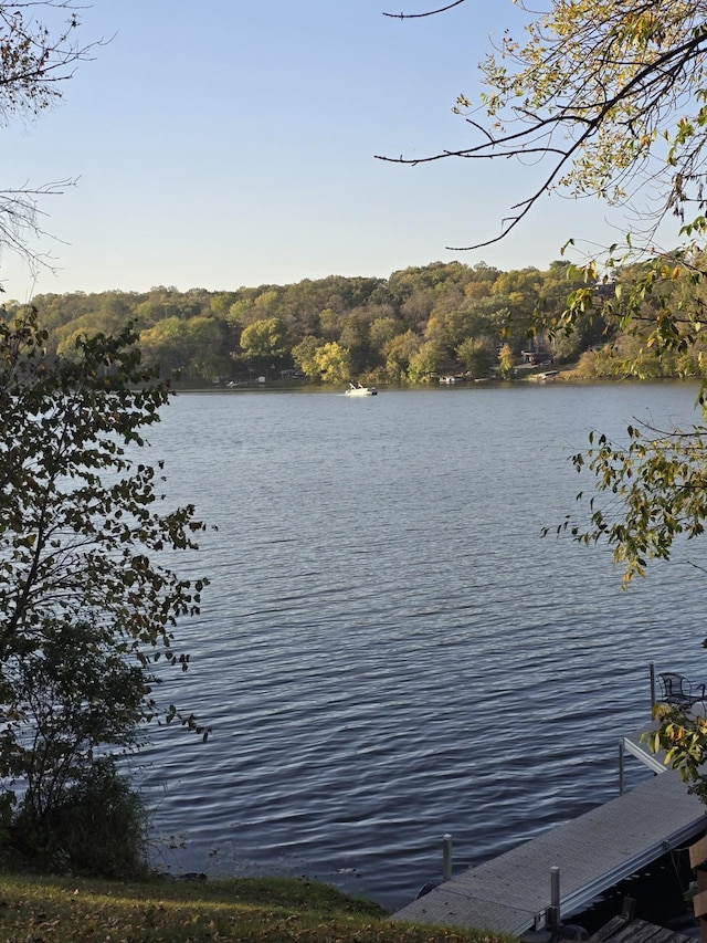 water view with a boat dock and a wooded view