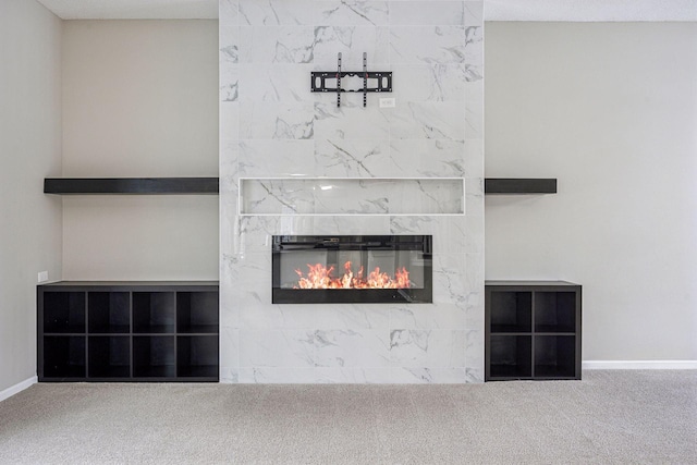 interior details featuring carpet, baseboards, and a premium fireplace