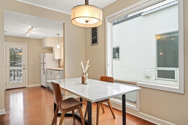 dining area featuring wood-type flooring, ornamental molding, sink, and a textured ceiling