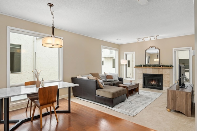 3054 Lake Shore Dr Unit B, Minneapolis, MN 55416 - living area featuring a fireplace, a wealth of natural light, and a textured ceiling