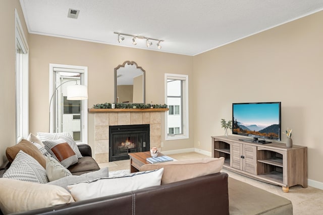 3054 Lake Shore Dr Unit B, Minneapolis, MN 55416 - carpeted living area featuring a textured ceiling, visible vents, baseboards, and a fireplace