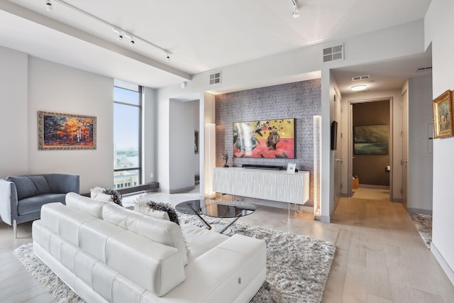 living room with floor to ceiling windows, rail lighting, and light wood-type flooring