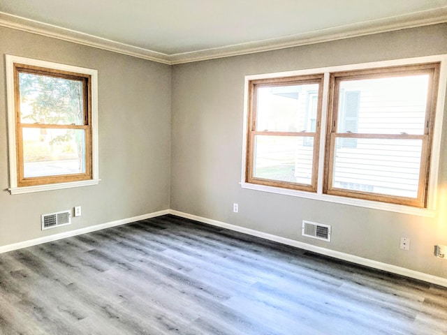 spare room featuring crown molding and hardwood / wood-style floors