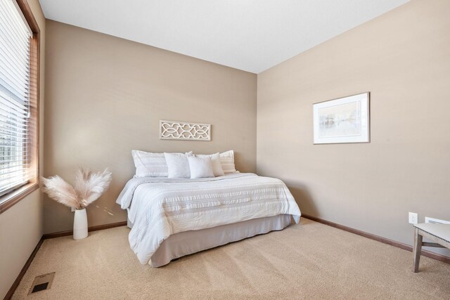 bedroom with visible vents, carpet flooring, and baseboards