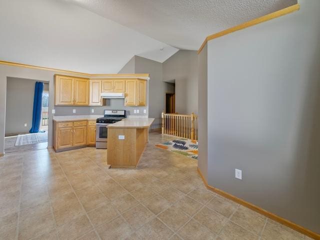 kitchen featuring lofted ceiling, light countertops, gas range, under cabinet range hood, and baseboards