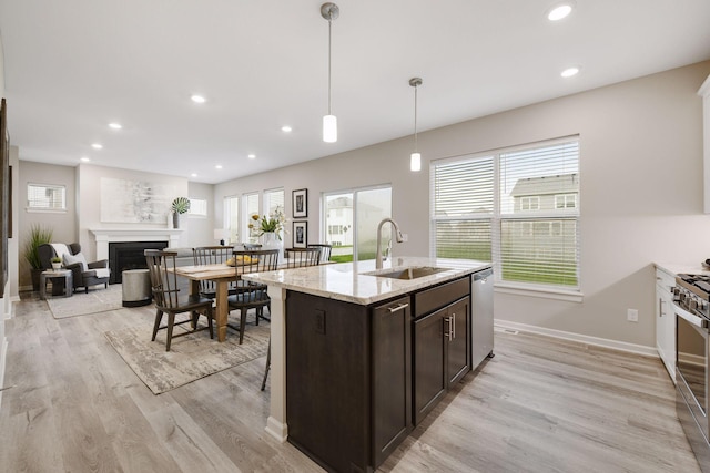 kitchen with dark brown cabinetry, stainless steel appliances, light wood-style floors, a fireplace, and a sink