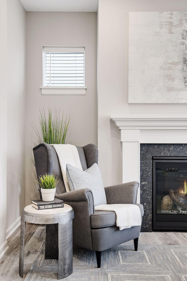 living area with a premium fireplace and baseboards