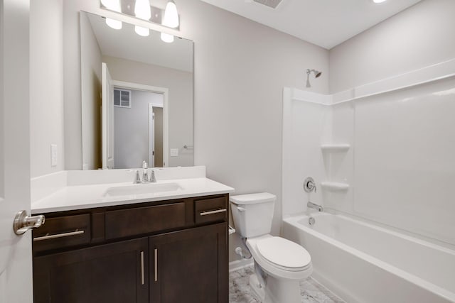 bathroom with marble finish floor, shower / bathtub combination, visible vents, toilet, and vanity