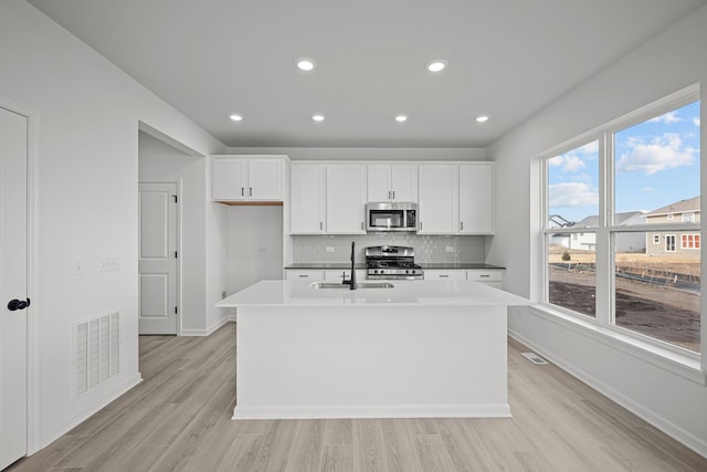 kitchen with stainless steel appliances, a sink, visible vents, light wood-type flooring, and tasteful backsplash