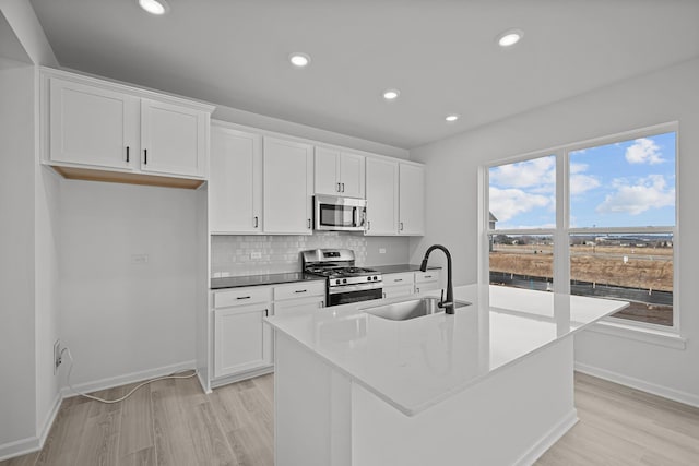 kitchen with appliances with stainless steel finishes, white cabinetry, a sink, and backsplash