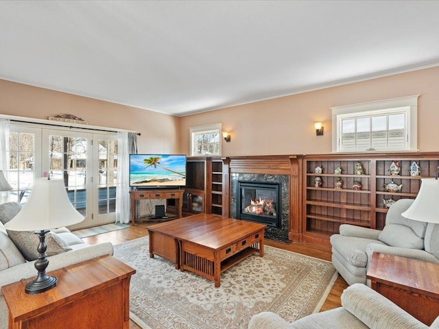 living room with light wood-type flooring and a fireplace