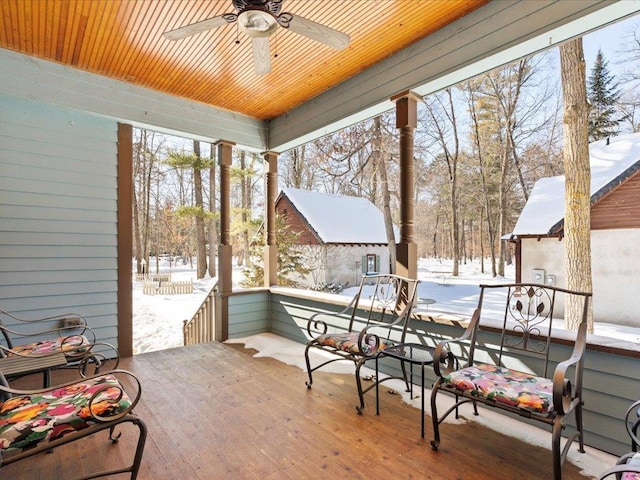 sunroom / solarium featuring wood ceiling and ceiling fan