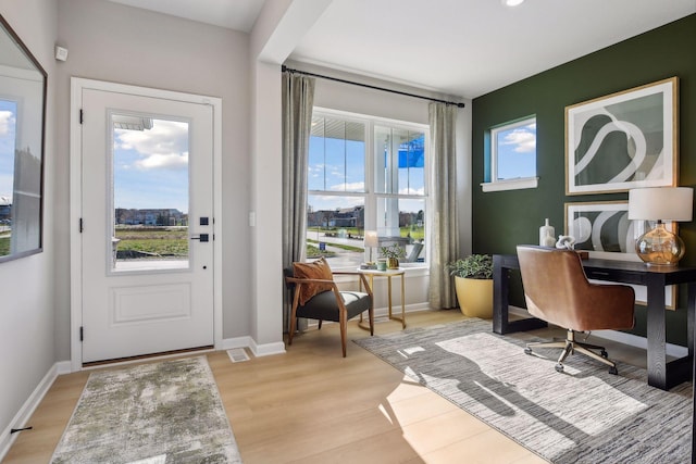 doorway featuring a wealth of natural light and light hardwood / wood-style flooring