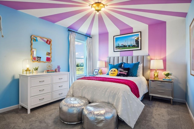 bedroom with dark carpet and vaulted ceiling