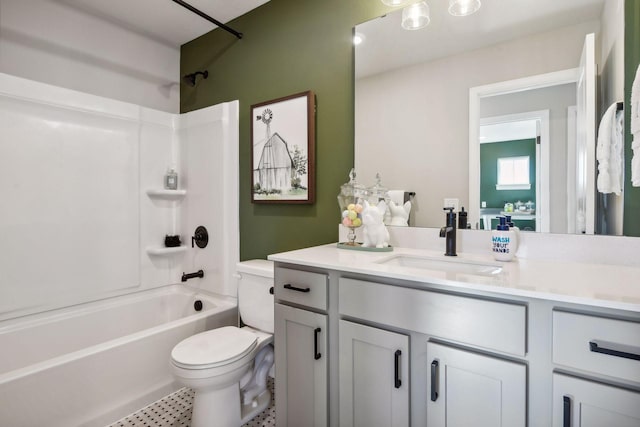 full bathroom featuring shower / tub combination, vanity, and toilet