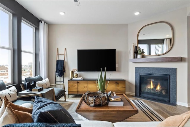 living room featuring a fireplace with flush hearth, wood finished floors, and a wealth of natural light