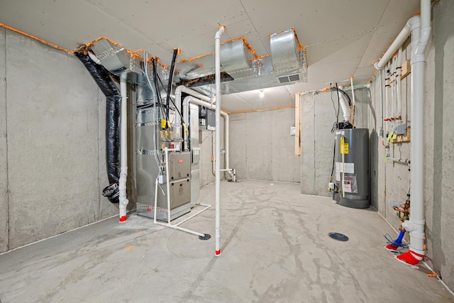 unfinished below grade area with water heater, visible vents, and heating unit