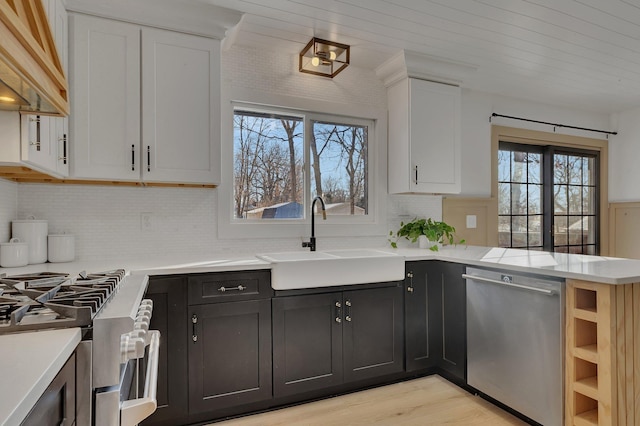 kitchen with sink, light hardwood / wood-style flooring, appliances with stainless steel finishes, custom range hood, and white cabinets