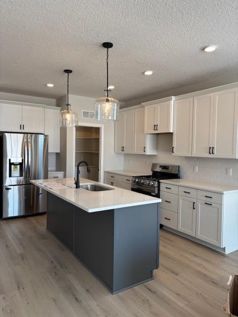 kitchen with white cabinetry, stainless steel appliances, sink, and a center island with sink