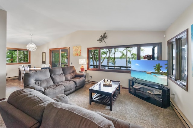 carpeted living room with an inviting chandelier, lofted ceiling, a wealth of natural light, and a baseboard heating unit