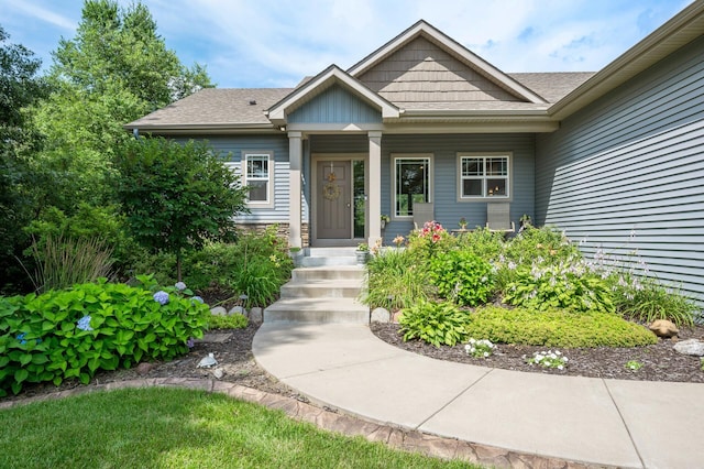 view of exterior entry with a shingled roof