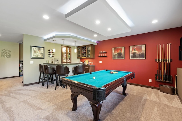 playroom with recessed lighting, billiards, baseboards, wet bar, and carpet