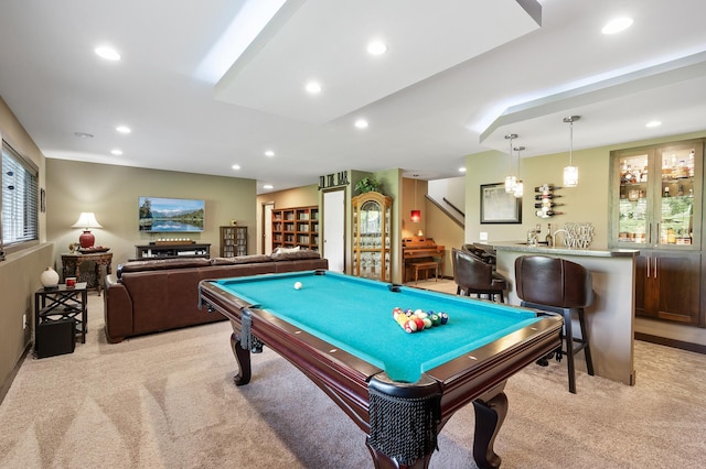 playroom with wet bar, recessed lighting, billiards, and light colored carpet