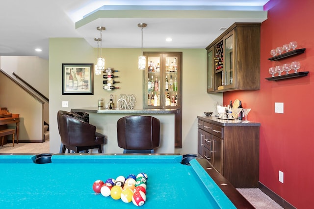 rec room featuring wet bar, billiards, baseboards, and recessed lighting