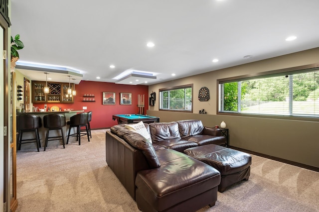 living room with pool table, recessed lighting, wet bar, and light colored carpet