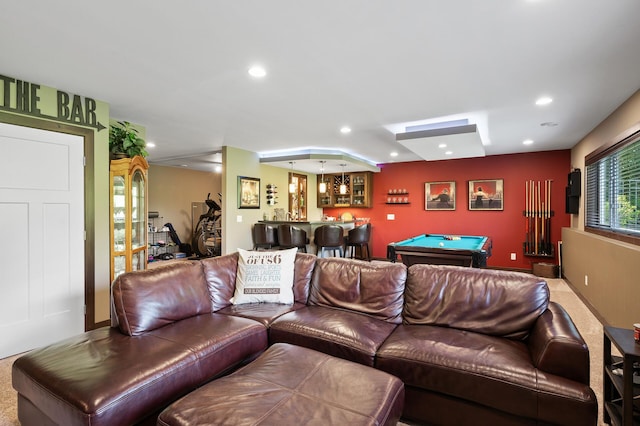 living room featuring recessed lighting, carpet flooring, billiards, and a bar