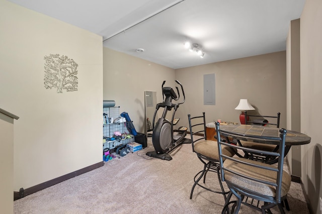 workout room featuring carpet, electric panel, and baseboards