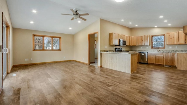 kitchen with appliances with stainless steel finishes, a wealth of natural light, and light wood-type flooring