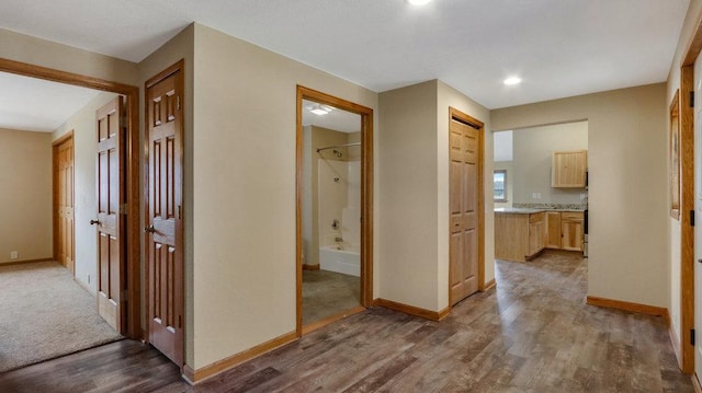 hallway featuring dark wood-type flooring